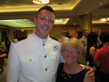 20150426a Burnham Trip 2nd Cruise Disney Fantasy Day 2 Cabana Breakfast Champagne Tasting Shopping Formal Night Work Vicki Disney Friend Sean Enchanted Garden Origami Blanket