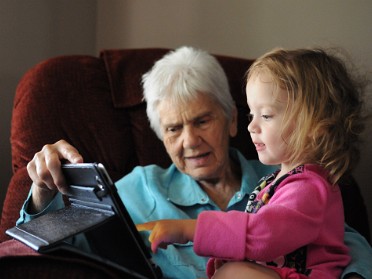 20120523b Burnham Campbell Trip Lily iPaddin' With Great Gramma Michigan